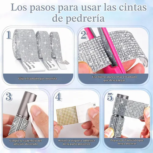 Vista 7 de Cludoo 3 rollos de cintas de diamantes de imitación, tiras de diamantes de Silver-a