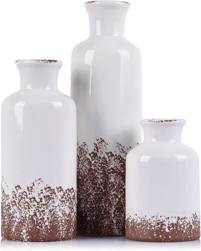 Vista 13 de Juego de jarrones de cerámica - 3 jarrones pequeños de cerámica, jarrón de flores de estilo granja para decoración del hogar, decoración de sala