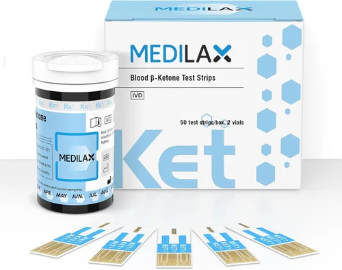 Medilax Tiras de prueba de cetona en sangre, 50 unidades, medición precisa de cetogénica en sangre para dieta cetogénica, compatible con Medilax