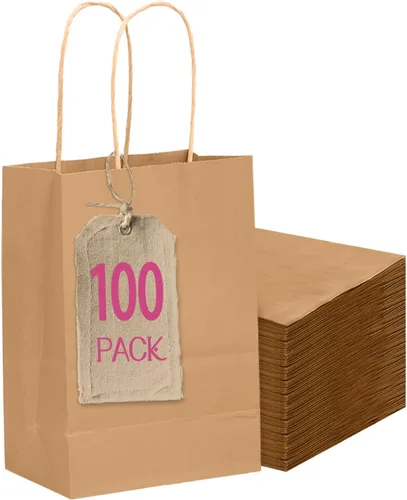 Vista 12 de qiqee 100 bolsas de regalo de papel de tamaño mediano con asas a granel de 7.6 x 4.75 x 10.5 pulgadas, bolsas de regalo marrones para múltiples usos