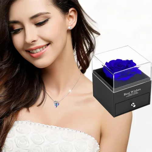 Vista 5 de Rosa real preservada con collar de cristal austriaco, rosa azul eterna con colgante de corazón de amor de plata de ley 925, joyería de piedras