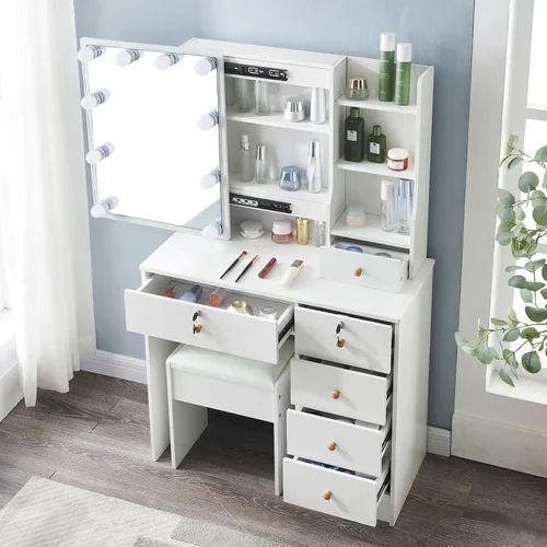 Vista 6 de Koestem Tocador de maquillaje con luces y 3 modos de iluminación de color, juego de escritorio con espejo y luces LED, tocador con taburete y 5