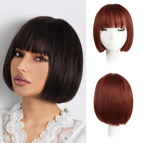 Pelucas Bob con flequillo, peluca de cabello castaño rojizo de 10 Caoba de HSPJHTM