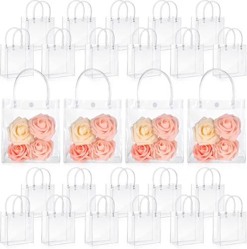 Vista 13 de LEIFIDE 50 bolsas de regalo de plástico transparente con asas, de PVC, reutilizables, transparentes, bolsas para dulces, escuela, fiesta