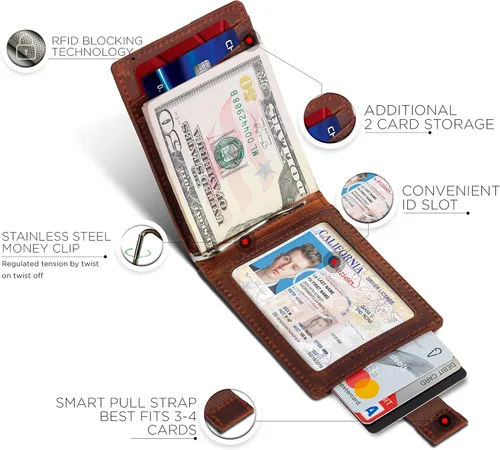 Vista 4 de SERMAN BRANDS RFID Blocking Slim Bifold Genuine Leather Minimalist Front Pocket Wallets for Men with Money Clip Thin Mens