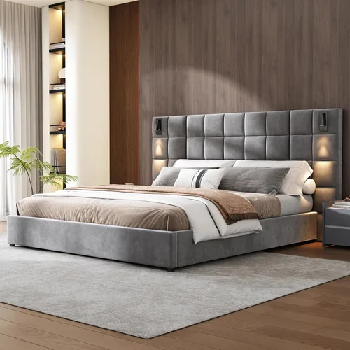 Vista 7 de Base de cama tamaño King con cabecero de 46 pulgadas de alto, plataforma tapizada de terciopelo, cabecera de tela suave copetuda, lámparas