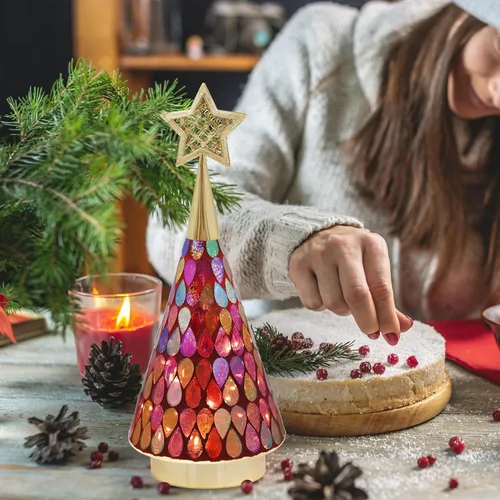 Vista 22 de Árbol de Navidad dorado de vidrio con mosaico con estrella, 2 árboles de Navidad pequeños de mesa con luz, árbol de Navidad a pilas para decoración