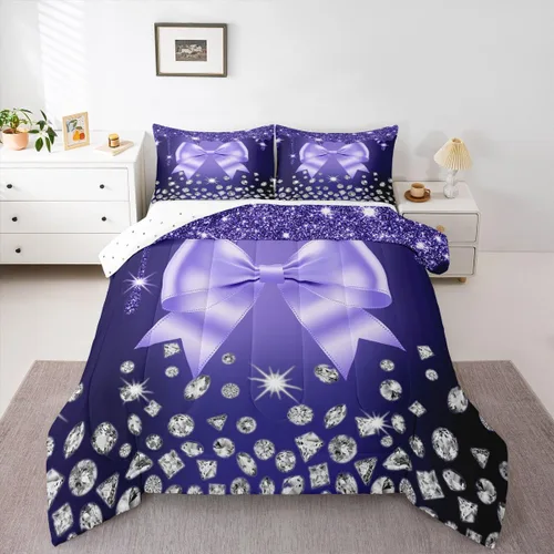 Vista 22 de Feelyou Coquette Bow Bedding Set Twin Size Leopared Bows Comforter Set for Kids Teens Adults Glitter Diamond Blue Duvet Quilt Cute Bowknot Room