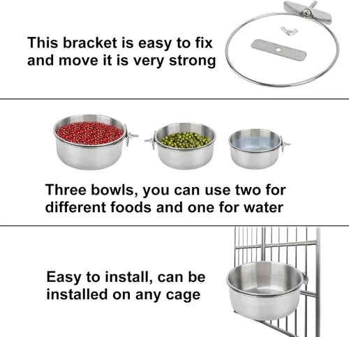 Vista 4 de Paquete de 3 vasos de alimentación de pájaros con soporte de abrazadera, de acero inoxidable, para cacatúas, periquitos, guacamayos, pinzones