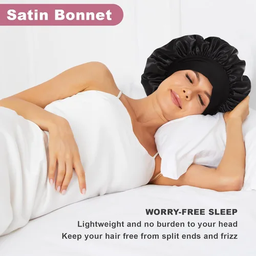 Vista 2 de 4 piezas de gorro de satén de seda, gorro de cabello para dormir, gorro de seda elástica de banda ancha para dormir, suave y transpirable