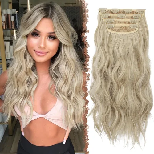 Vista 23 de FESHFEN Extensiones de cabello con clip - 4 piezas Extensiones de cabello sintético ondulado largo y grueso con clip para cabeza completa