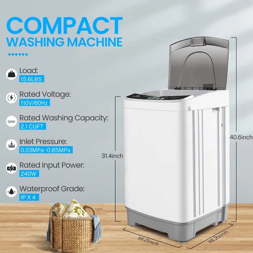 Vista 7 de Nictemaw Lavadora portátil, lavadora portátil de 2.1 pies cúbicos, capacidad de 15.6 libras, lavadora completamente automática con 10 programas, 8