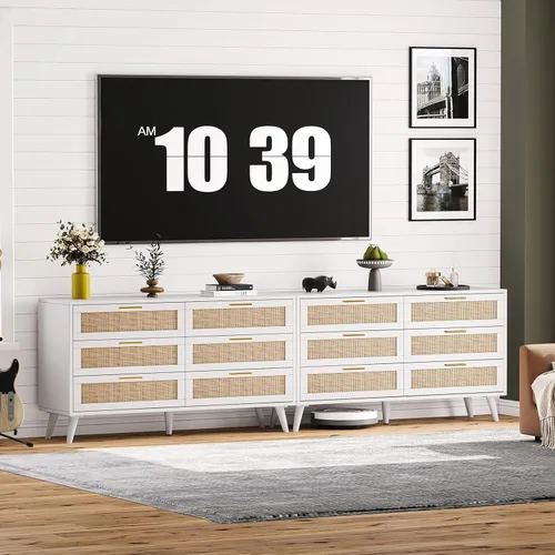 Vista 75 de Rovaurx Cómoda doble de 6 cajones para dormitorio, cómoda de ratán, cómoda de madera moderna con asas doradas, mesa auxiliar para armario, sala