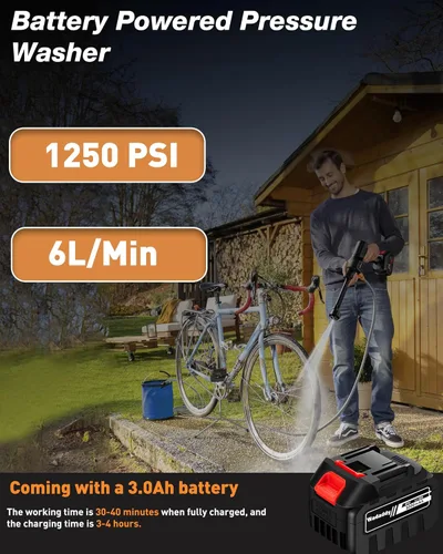 Vista 8 de Cordless Car Washer 1250PSI Cordless Car Washer with 6-in-1 Nozzle, 17FT High-Elastic Hose,Home Portable Handheld Car Washer Cleaner