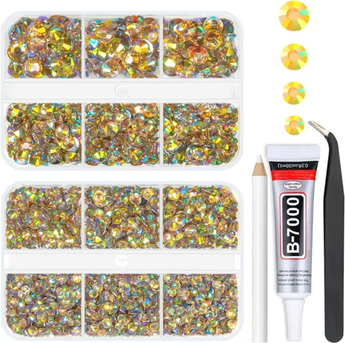 qiipii Diamantes de imitación de resina AB champán con pegamento para joyería B7000 para deslumbrar manualidades, piedras de parte trasera plana,