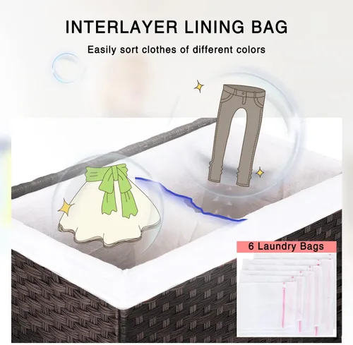 Vista 4 de Cestas de mimbre para la ropa sucia, cesta de lavandería con tapa, 110L, tejida a mano, cesta de lavandería de ratán de 2 secciones, con bolsas