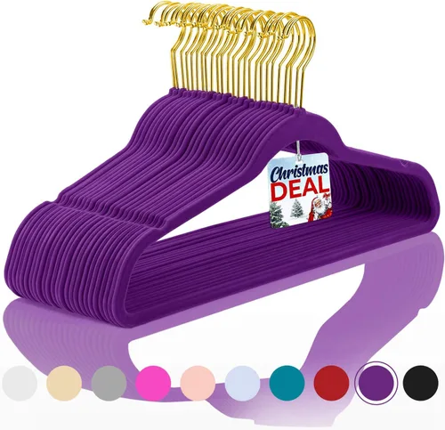 Vista 9 de MIZGI Perchas de terciopelo prémium (paquete de 60) resistentes, antideslizantes, ganchos cromados blancos, ahorro de espacio, color blanco/plateado