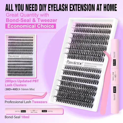 Vista 2 de Kit de extensión de pestañas Pawotence DIY 280 piezas, racimos de pestañas, kit de extensión de pestañas, 9-16mm, 30D, 40D, pestañas individuales