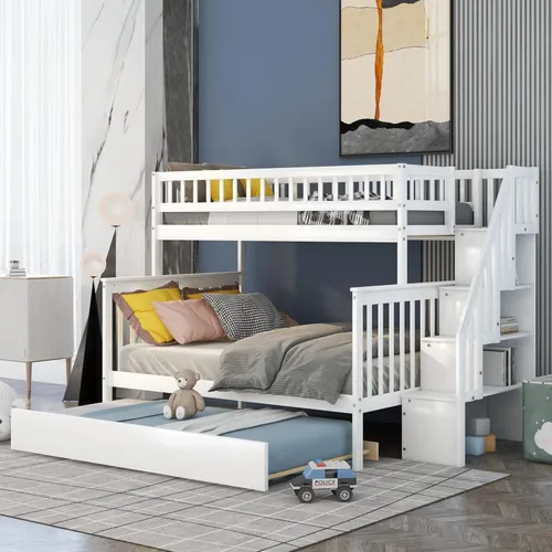 Vista 40 de Harper & Bright Designs Litera de tamaño matrimonial sobre matrimonial con 3 cajones, litera de madera maciza con almacenamiento y riel