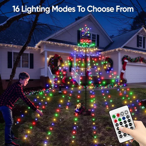 Vista 2 de Luces de árbol de Navidad Ccinny 340LED con estrella superior, luces de cascada con control remoto impermeable IP67 con poste, 16 modos, 3