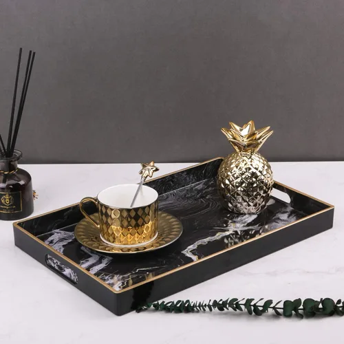 Vista 2 de Zosenley Bandeja decorativa, bandeja de plástico de mármol con asas, bandeja rectangular de tocador y bandeja de servir para baño, cocina, otomana