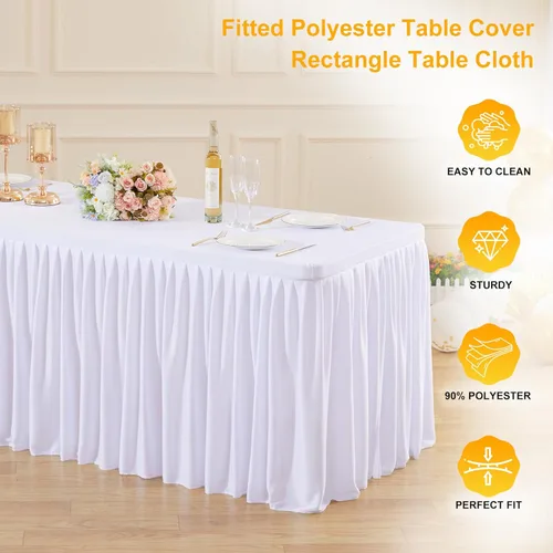 Vista 121 de Manteles de poliéster negro para mesas rectangulares de 4 pies, cubierta de mesa ajustada sin arrugas con falda de mesa plisada con volantes