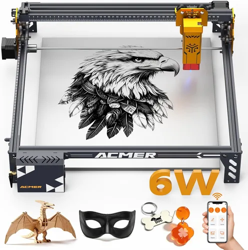 ACMER P1 S PRO 6000mW Grabador láser y máquina de corte Área grande de 14.961 x 14.567 in, control WiFi, graba madera acrílico cuero vidrio metal