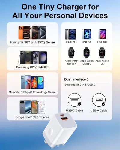 Vista 7 de Bloque de cargador rápido USB C Google Pixel 10a 9 8, cargador de pared de doble puerto para Google Pixel 10 Pro Fold 9a 9 Pro XL 8a 8 7a 7 6a 6 5a