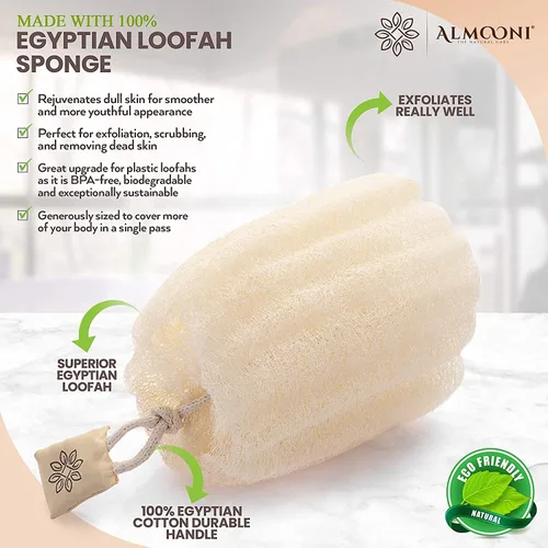 Vista 2 de Almooni Esponja exfoliante corporal natural para hombres y mujeres, esponja egipcia redonda real con textura consistente, esponja de ducha natural