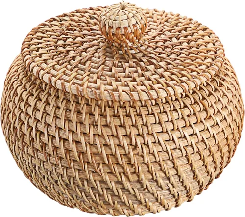 Vista 8 de Hipiwe Cajas de Cestas Redondas de Ratán con Tapa Tejidas a Mano, Cestas de Almacenamiento de Mimbre, Contenedor, Cesta Decorativa Multiusos