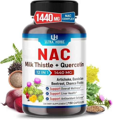 Ultra Herbs NAC 12 en 1 1440 mg con cardo mariano y quercetina, 150