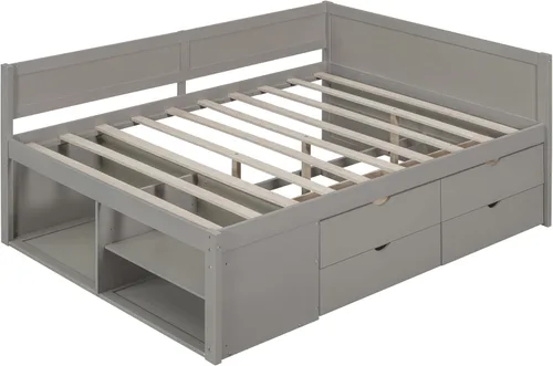 Vista 112 de Quarte Elegante cama de plataforma con estanterías en forma de L, cama de plataforma de madera tamaño individual con 2 cajones de almacenamiento