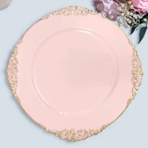 Vista 11 de Efavormart 6 Pack de 13 Pulgadas Platos de Carga Redondos Claros con Borde Tallado en Hojas Barrocas de Plata para Decoración de Mesa, Evento