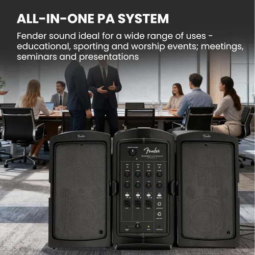 Vista 5 de Fender Paquete de sistema PA portátil Passport Conference S2 con kit de micrófono, soportes de altavoz compactos y cable de instrumento