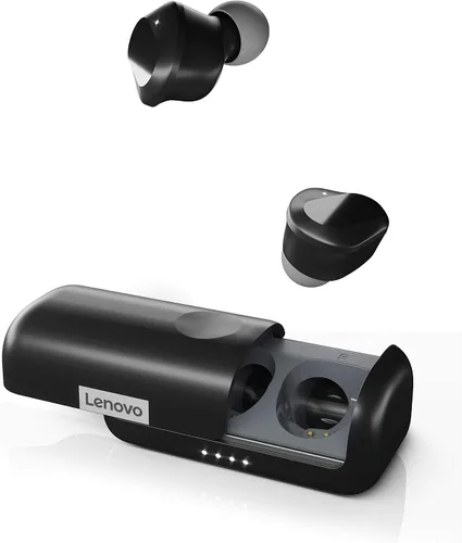 Lenovo Auriculares inalámbricos Bluetooth 5.0 IPX5 impermeables con carga rápida USB-C y micrófono integrado para trabajo/viajes/gimnasio (negro)