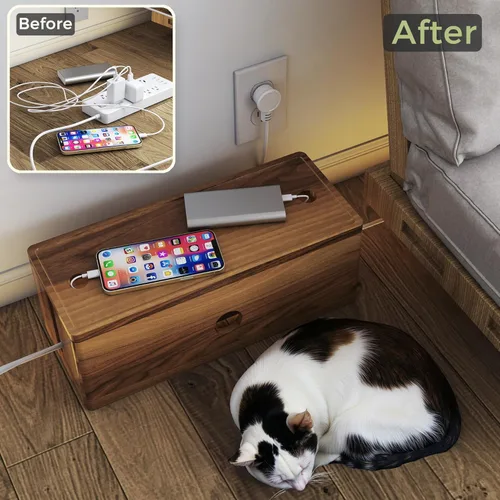 Vista 5 de Organizador de cables de madera de acacia, solución de gestión de cables grande, para regletas de alimentación y dispositivos a nivel de piso