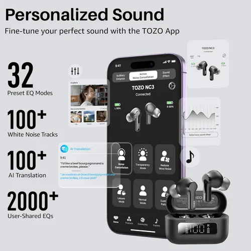 Vista 6 de TOZO Auriculares inalámbricos híbridos con cancelación activa de ruido con 6 micrófonos AI Clear Call Ear Buds 68H Playtime con pantalla LED, 32