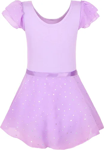 Vista 8 de EQSJIU Leotardos de ballet para niñas con falda extraíble, combo de manga con volantes y lazo