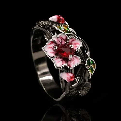 Vista 2 de Anillos de compromiso de flores para mujer, anillo de cóctel con circonita de corte redondo, anillos de promesa para aniversario de boda