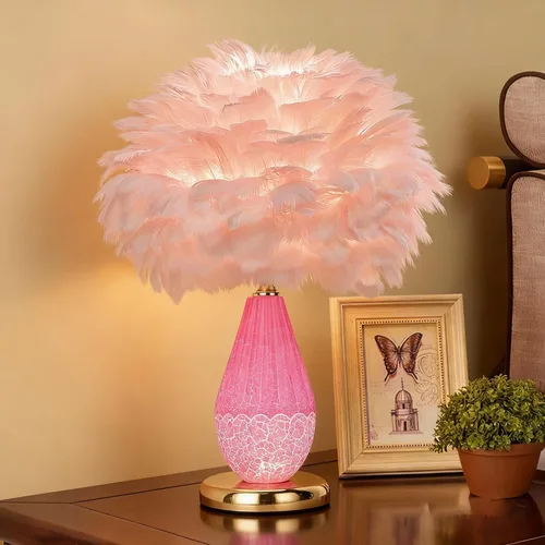 Lámpara de plumas rosa LINCWONZ con botella de vidrio de hielo agrietado y base dorada, lámpara de mesita de noche de oficina de luz dual con 3