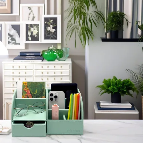Vista 101 de UnionBasic Organizador de escritorio - Caja de almacenamiento multifuncional de cuero para escritorio con soporte para bolígrafos - Para tarjetas