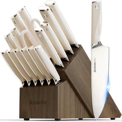 Astercook Juego de cuchillos de cocina con bloque y afilador Premium de espiga completa 17 piezas, cuchillos de acero inoxidable alemán aptos para
