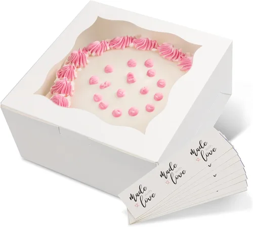 Spec101 Cajas cuadradas para pasteles con ventana, paquete de 24 recipientes desechables para pasteles con calcomanías, cajas blancas para tartas de