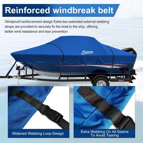 Vista 3 de Kayme Funda de lancha de 1200D resistente para embarcaciones de hasta 15 pies - Impermeable, resistente a roturas con correas reforzadas a prueba