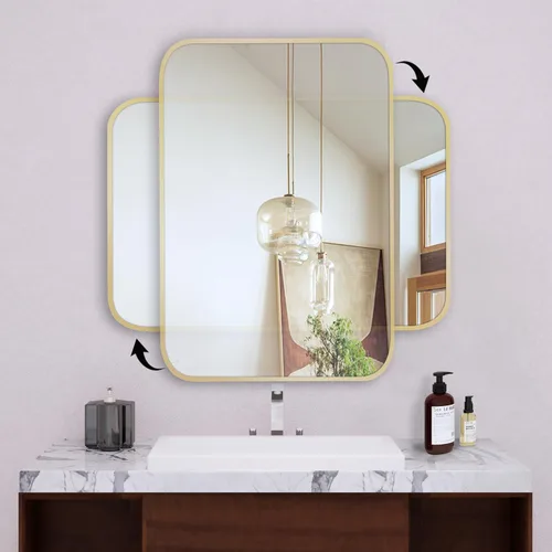 Vista 6 de Espejo de oro francés cepillado de 20 x 30 pulgadas para pared, espejo rectangular redondeado dorado con marco de metal para colgar para baño