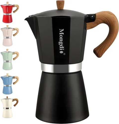 Vista 13 de Mongdio Cafetera de café expreso Moka Pot, cafetera cubana, cafetera de estufa Moka Italian Espresso Greca, cafetera percoladora, 3 tazas de Negro