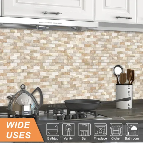 Vista 4 de VAOVI Azulejos de cocina para despegar y pegar para salpicaduras de metro autoadhesivos, adhesivos de pared para baño (10 hojas, Marrón Oro)