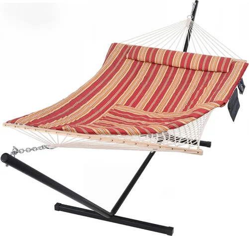Vista 19 de SUNCREAT Hamaca doble para exteriores con soporte incluido, hamaca portátil de cuerda de algodón para 2 personas para exteriores, patio, jardín