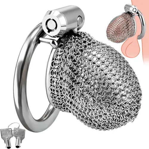 Vista 9 de Dispositivos de castidad masculina de acero inoxidable con cadena de malla flexible, jaulas para pollas transpirables y cómodas, jaula bloqueada