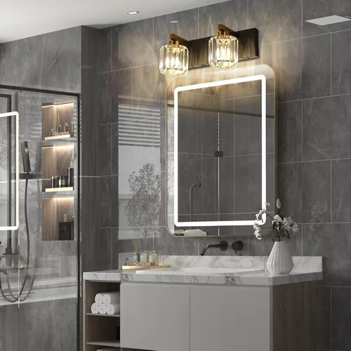 Vista 4 de Aipsun Accesorios de iluminación de tocador de baño, luces de tocador de cristal para baño, 2 luces, accesorios de iluminación de pared de acero